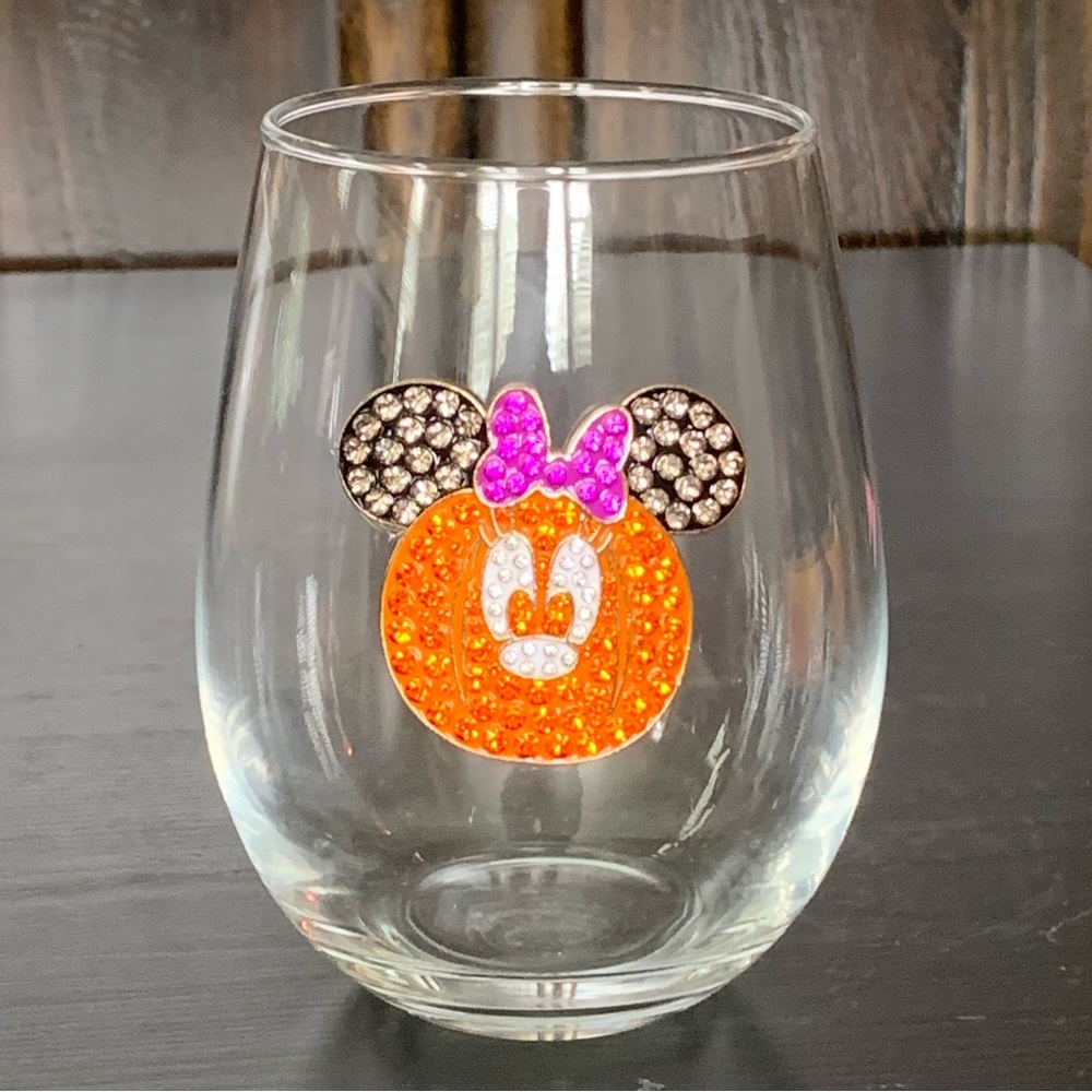 Rhinestone Minnie Mouse Jack O’Lantern Stemless Wine Glass - Disney Halloween